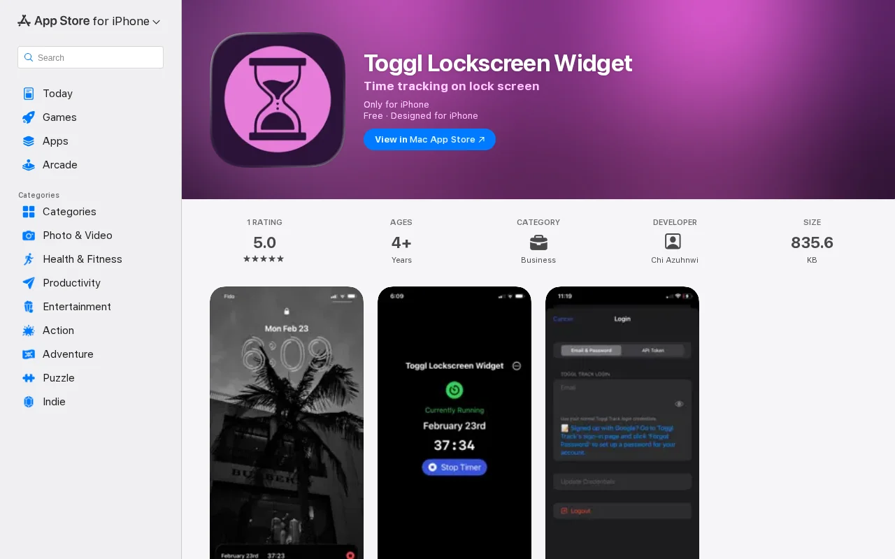 Toggl lock‑screen widget for real‑time time tracking