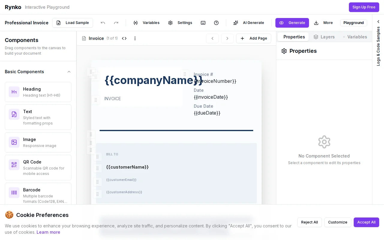 Rynko Playground – 400ms JSON-to-PDF and Excel Engine