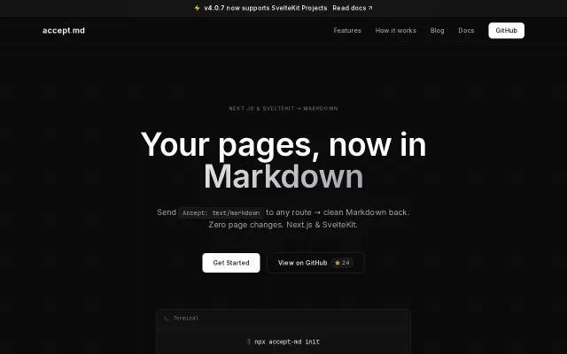 Accept.md now supports SvelteKit – return Markdown from any page