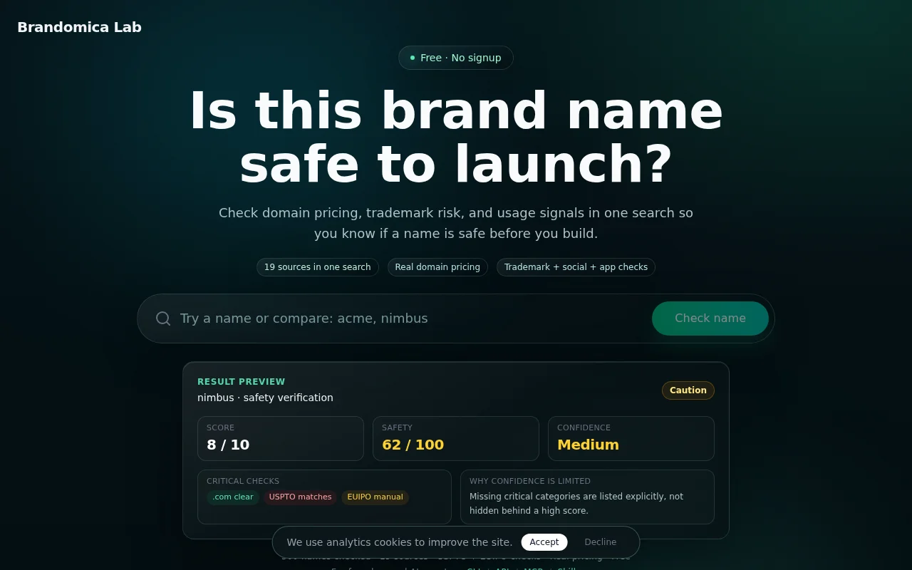 Brandomica – Check if a brand name is safe to launch on one search