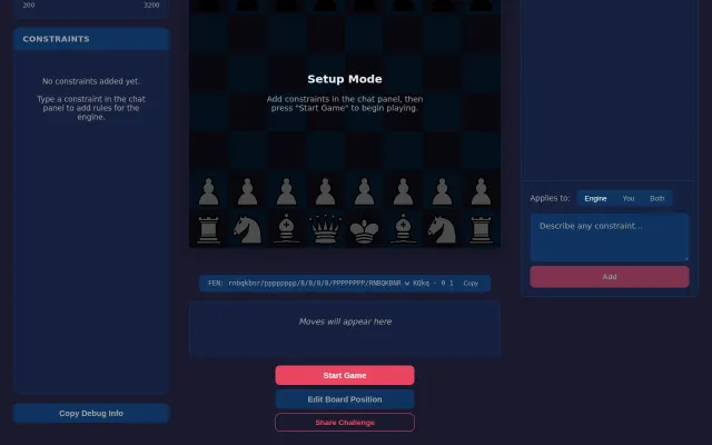 Constrained Chess, Play Stockfish with custom natural-language rules