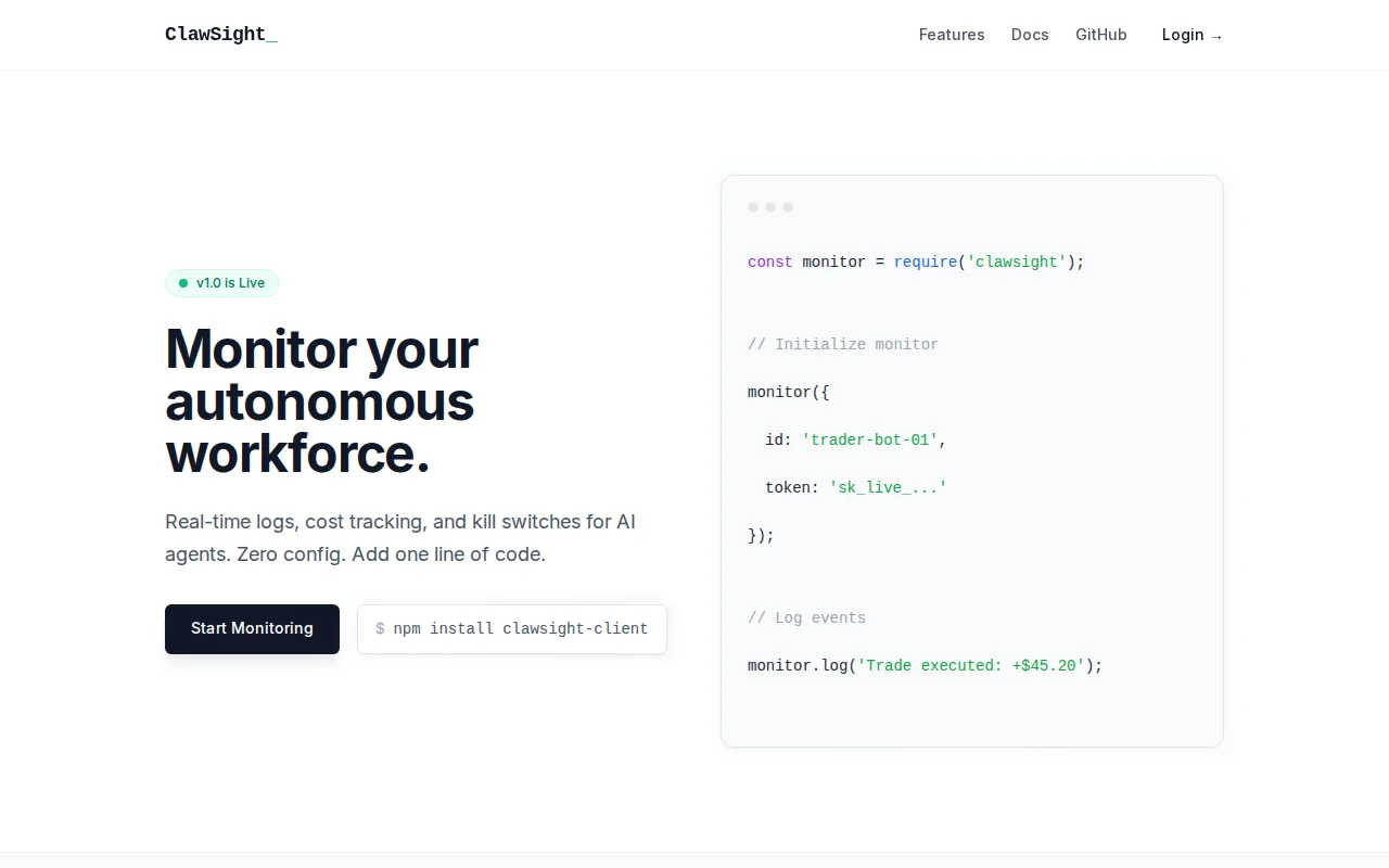 ClawSight – Lightweight monitoring and kill switches for AI agents