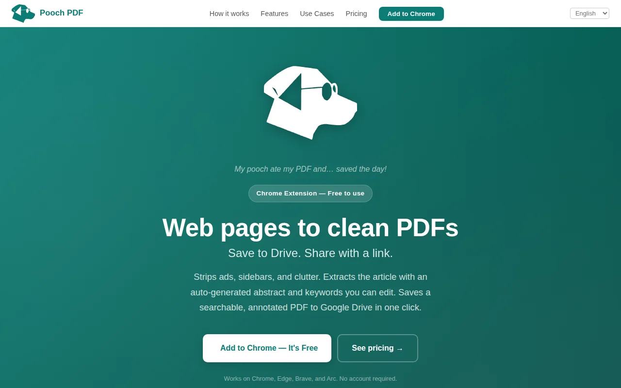 Pooch PDF – Save Web Articles as Clean PDFs to Google Drive