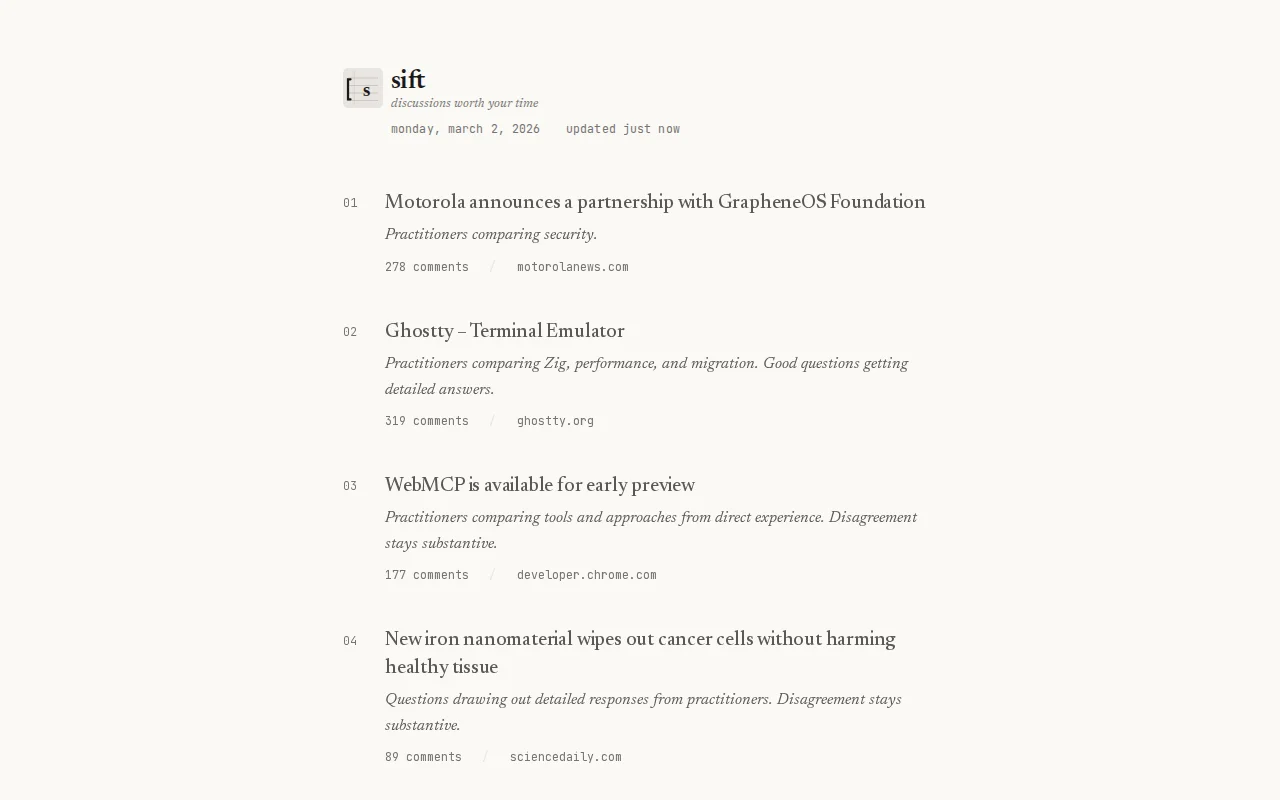 Sift – 10-12 HN discussions daily, ranked by practitioner depth