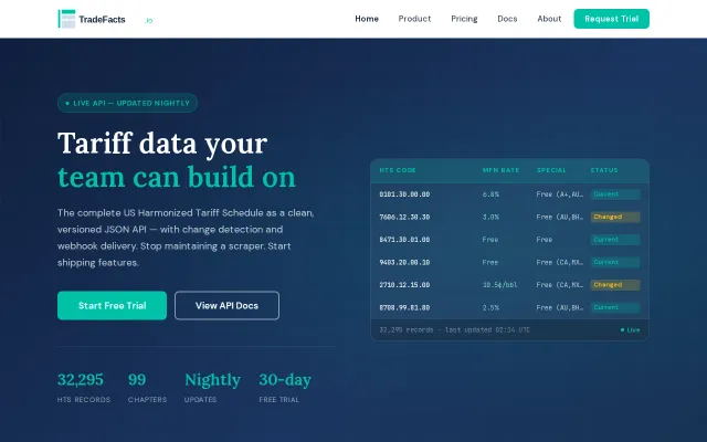 Tradefacts.io – US HTS tariff schedule, a JSON API and change detection