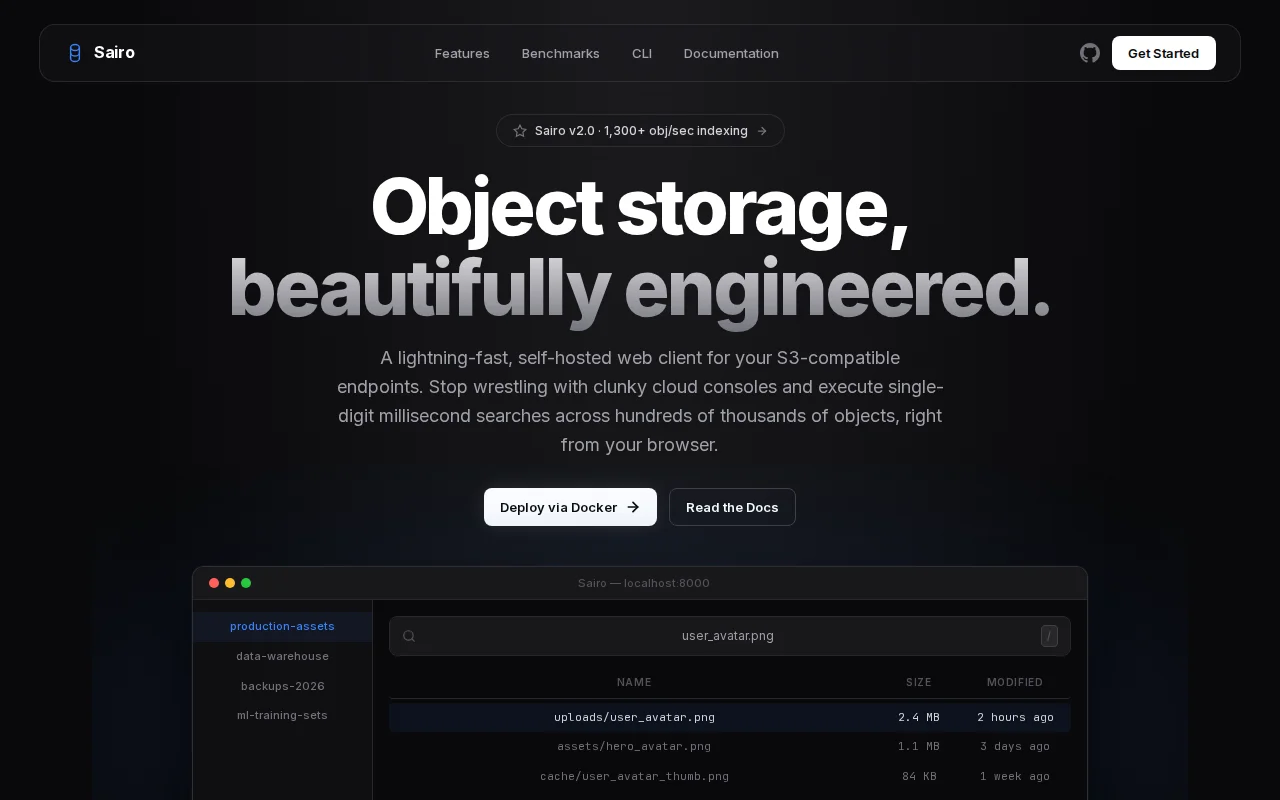 Sairo – Self-hosted S3 browser with 2.4ms search across 134K objects