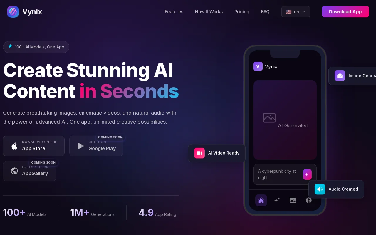 Vynix – Mobile app with 100 AI models for image/video/audio generation