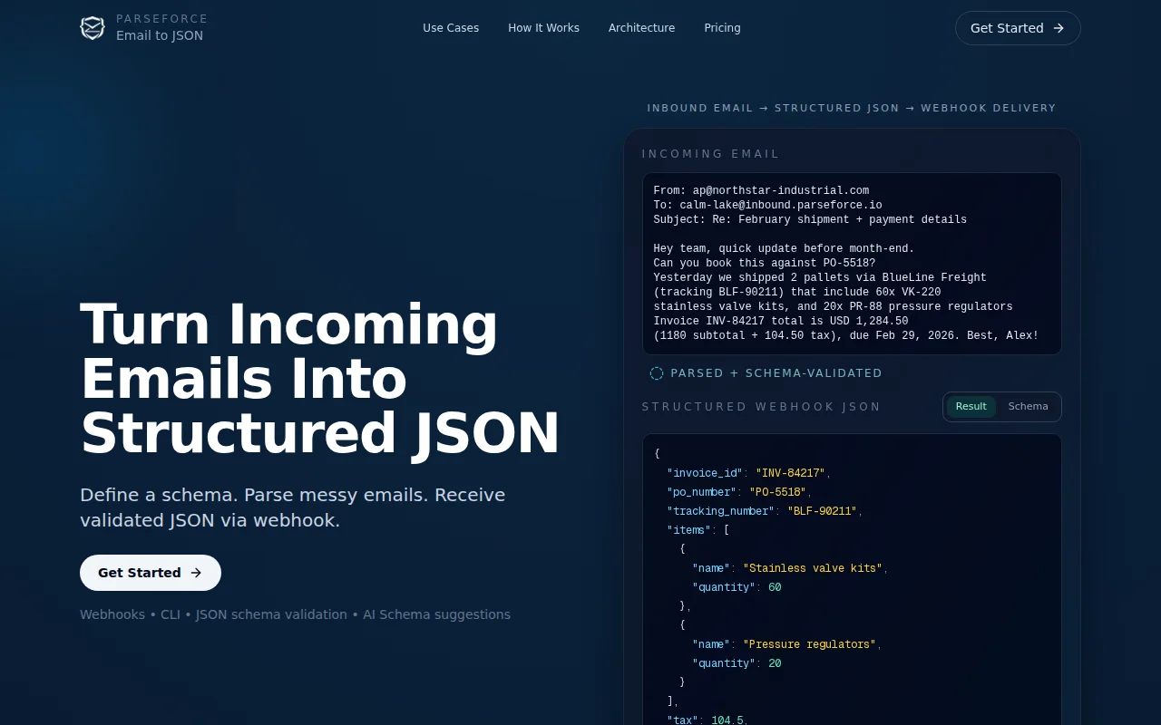 ParseForce – Turn emails into structured JSON and send them to webhooks