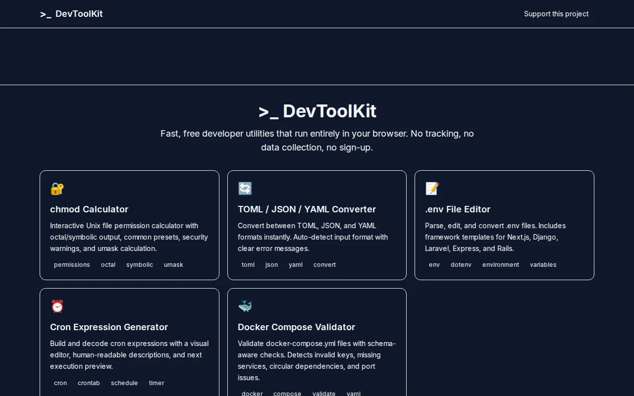 DevToolKit – Free, Client-Side Dev Tools (Chmod, Cron, Docker Compose)