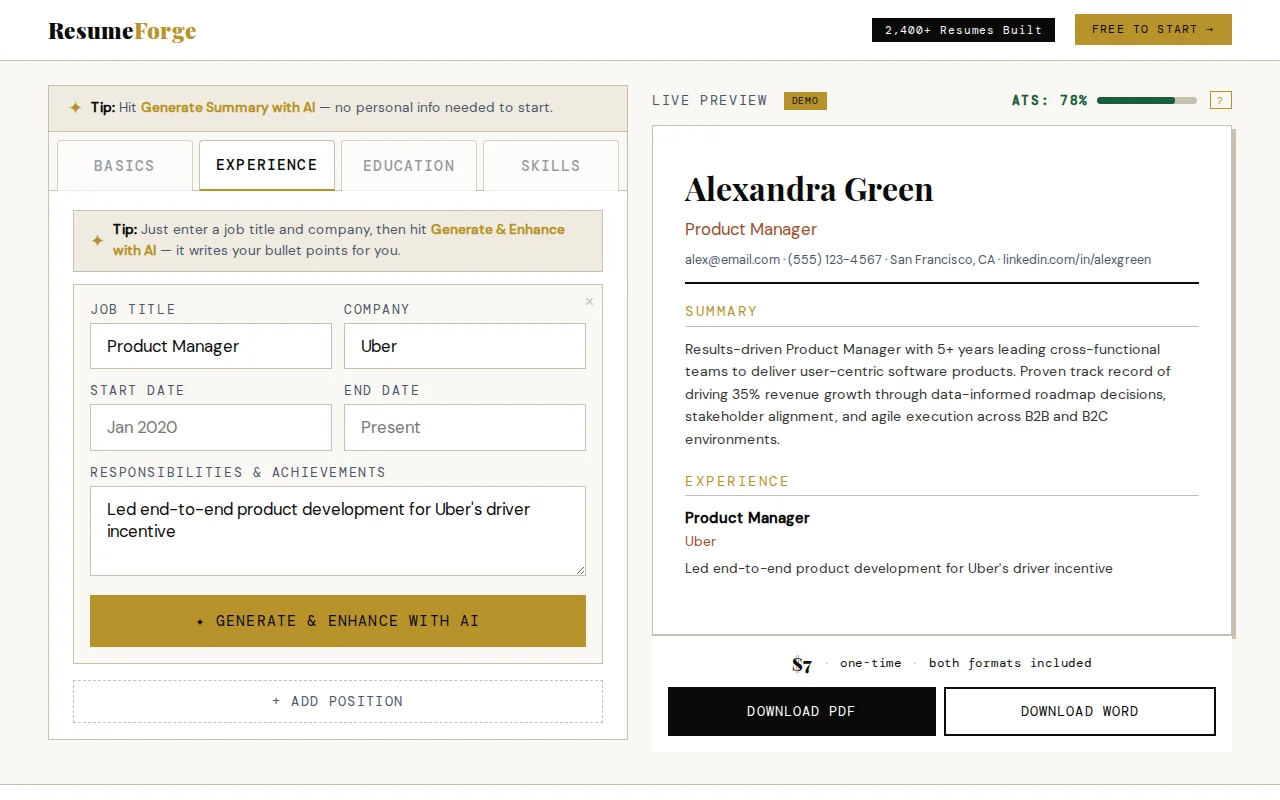 ResumeForge – Free AI resume builder with real-time ATS scoring
