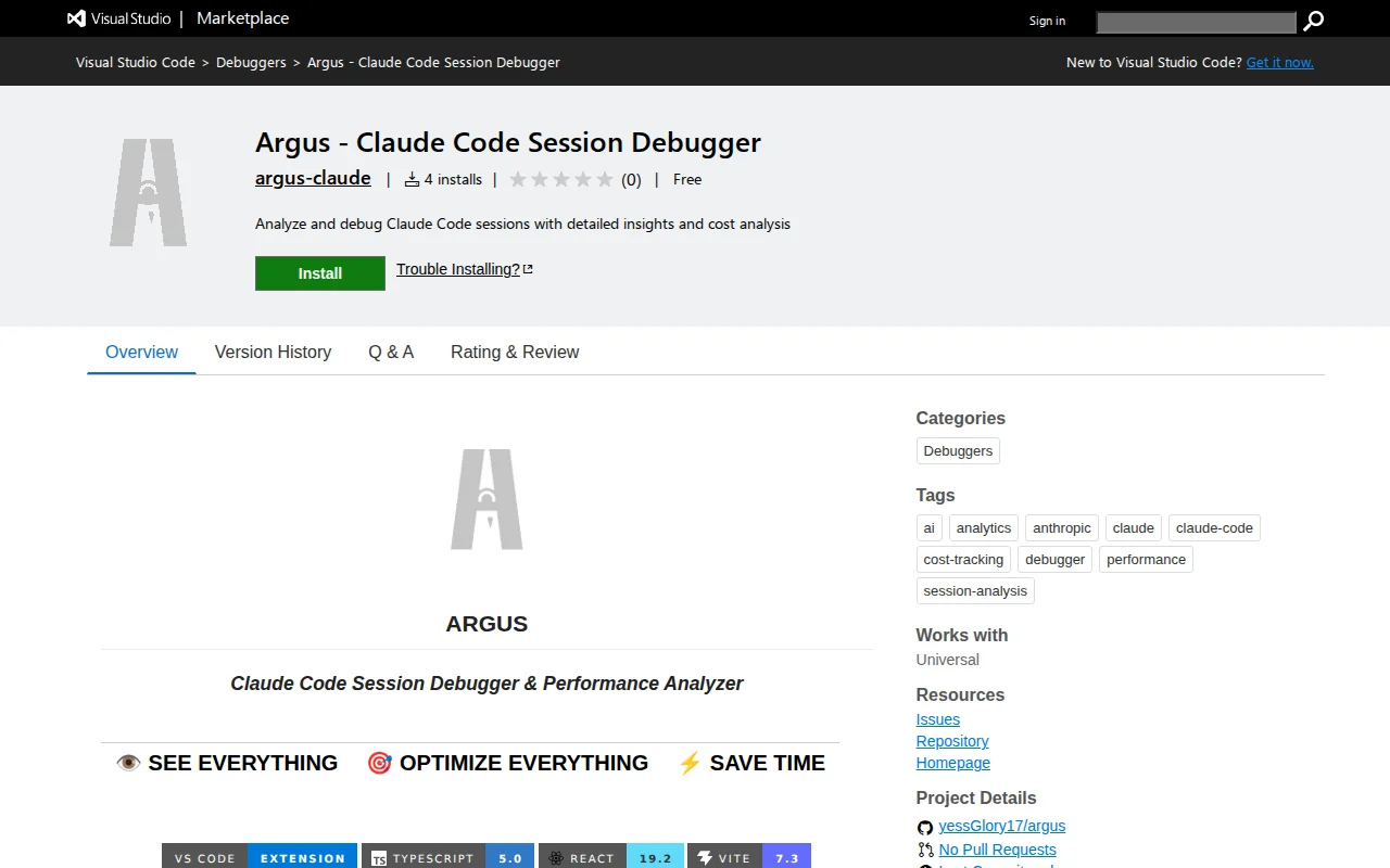 Argus – VSCode debugger for Claude Code sessions
