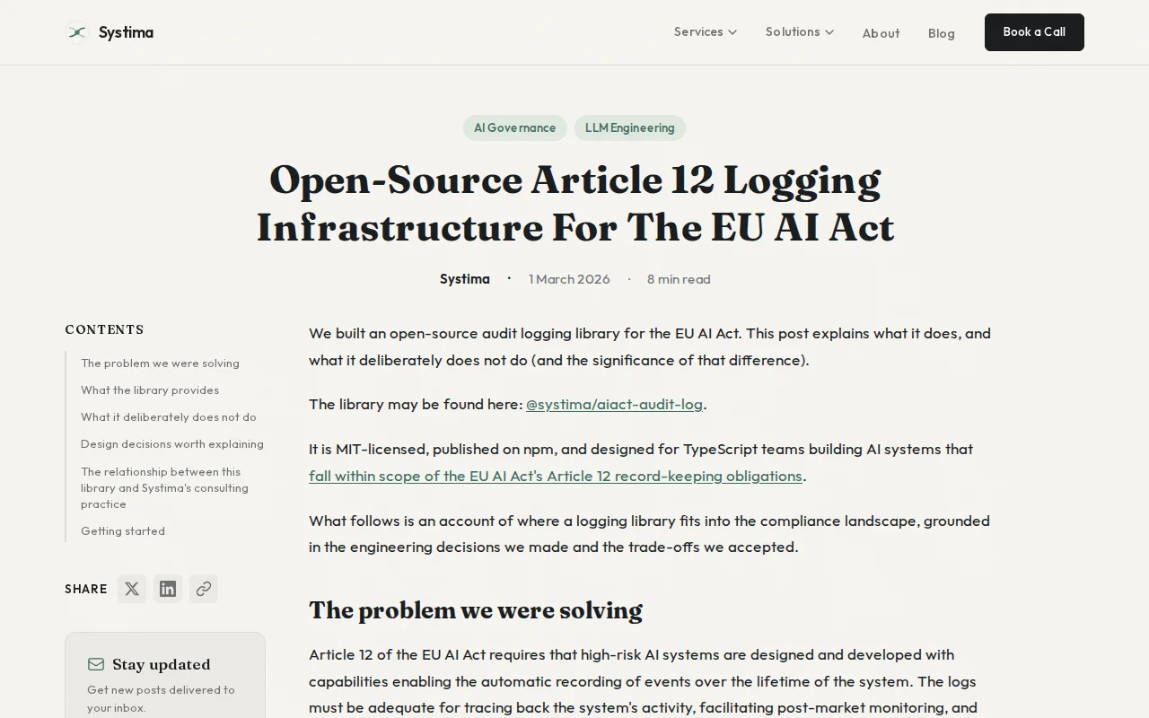 Open-Source Article 12 Logging Infrastructure for the EU AI Act