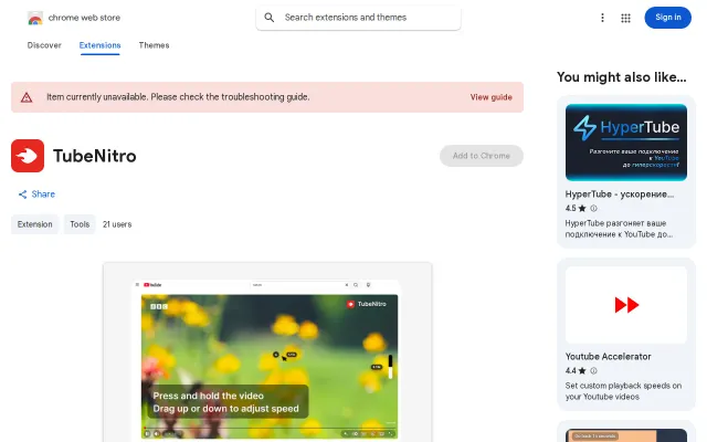 TubeNitro – intuitive press-hold + drag to dial YouTube speed (0.5-10×)