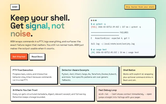 AISH – PTY-first shell wrapper that shows signal, not noise