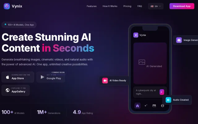 Vynix – Mobile app with 100 AI models for image/video/audio generation