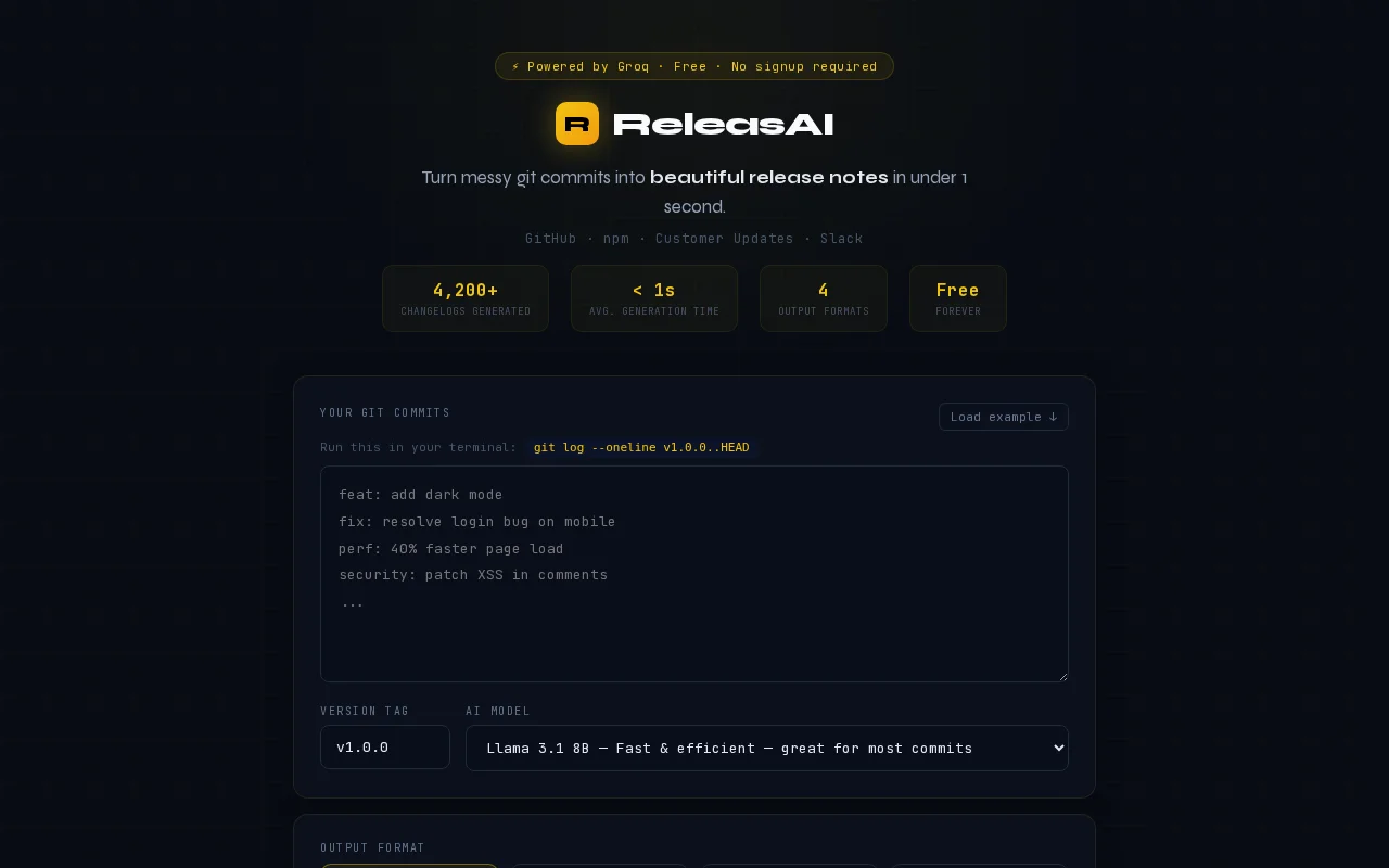 ReleasAI – Paste Git commits, get polished release notes in <1s