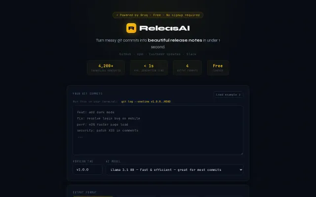ReleasAI – Paste Git commits, get polished release notes in <1s