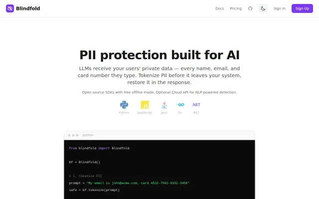 Blindfold – PII protection for LLM apps (local regex and cloud NLP)