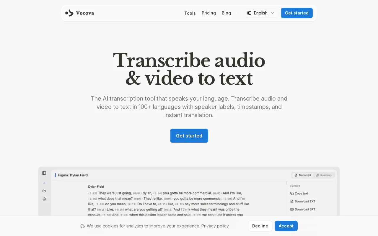 Vocova – Paste a link, get a transcript in 100 languages