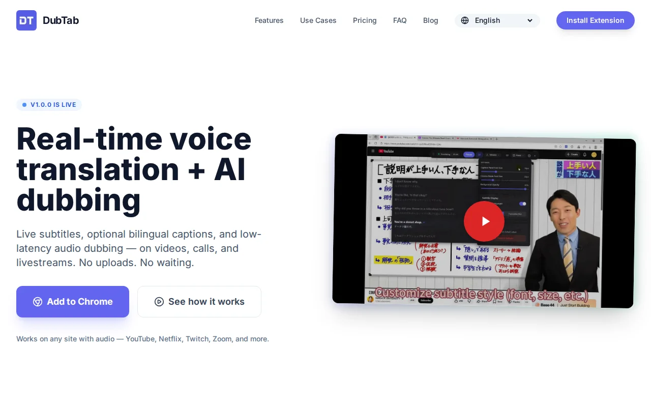 DubTab – Live AI Dubbing in the Browser (Meet/YouTube/Twitch/etc.)