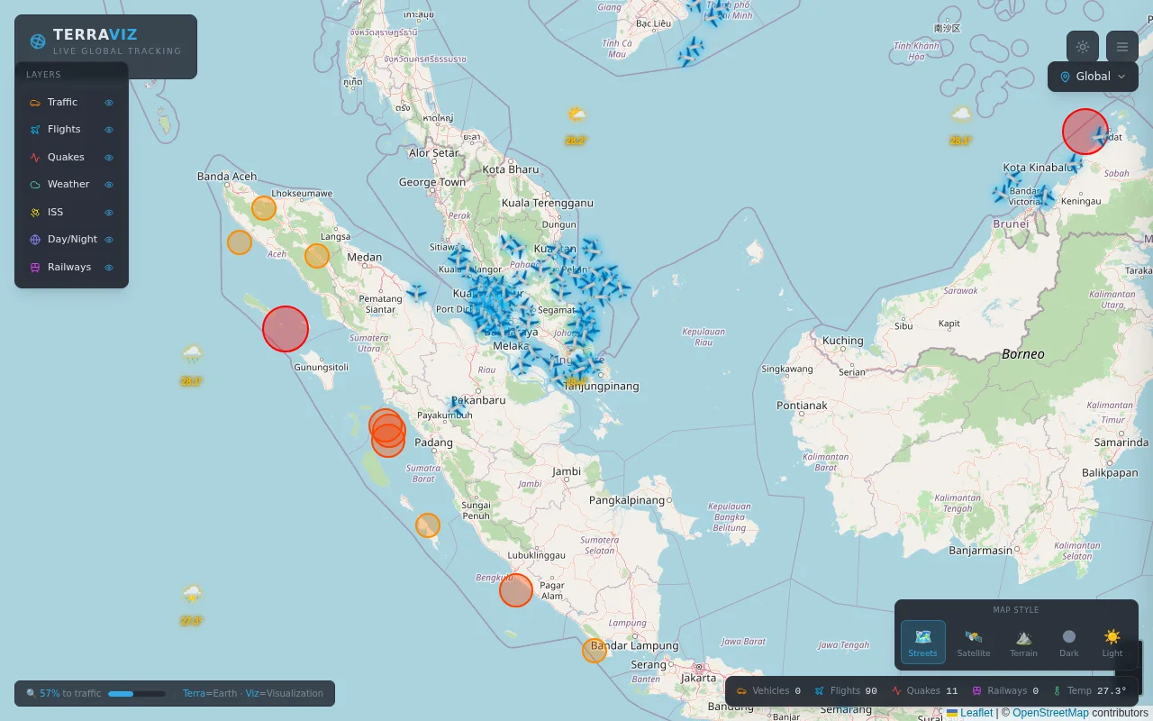 TerraViz – Real-time flights, earthquakes, ISS on one map