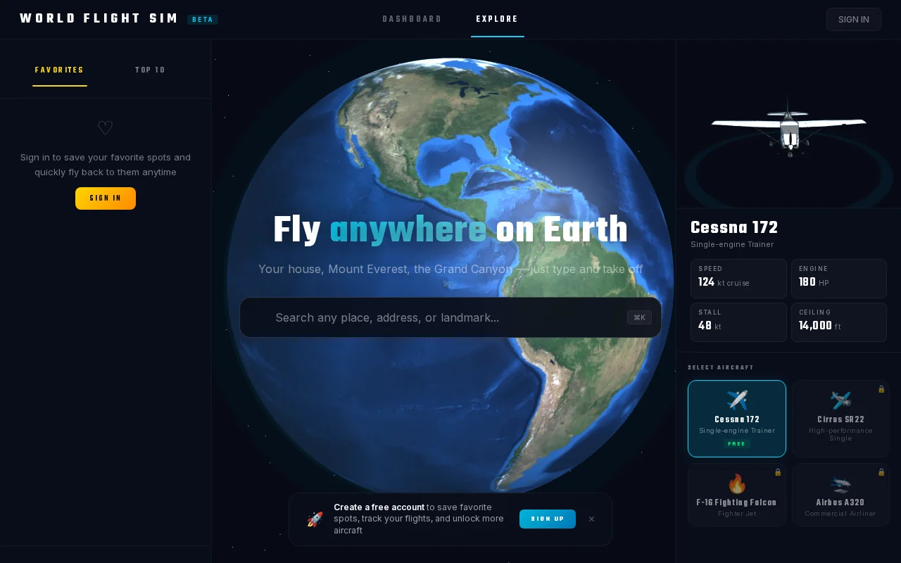 Fly anywhere on Earth – just type and take off