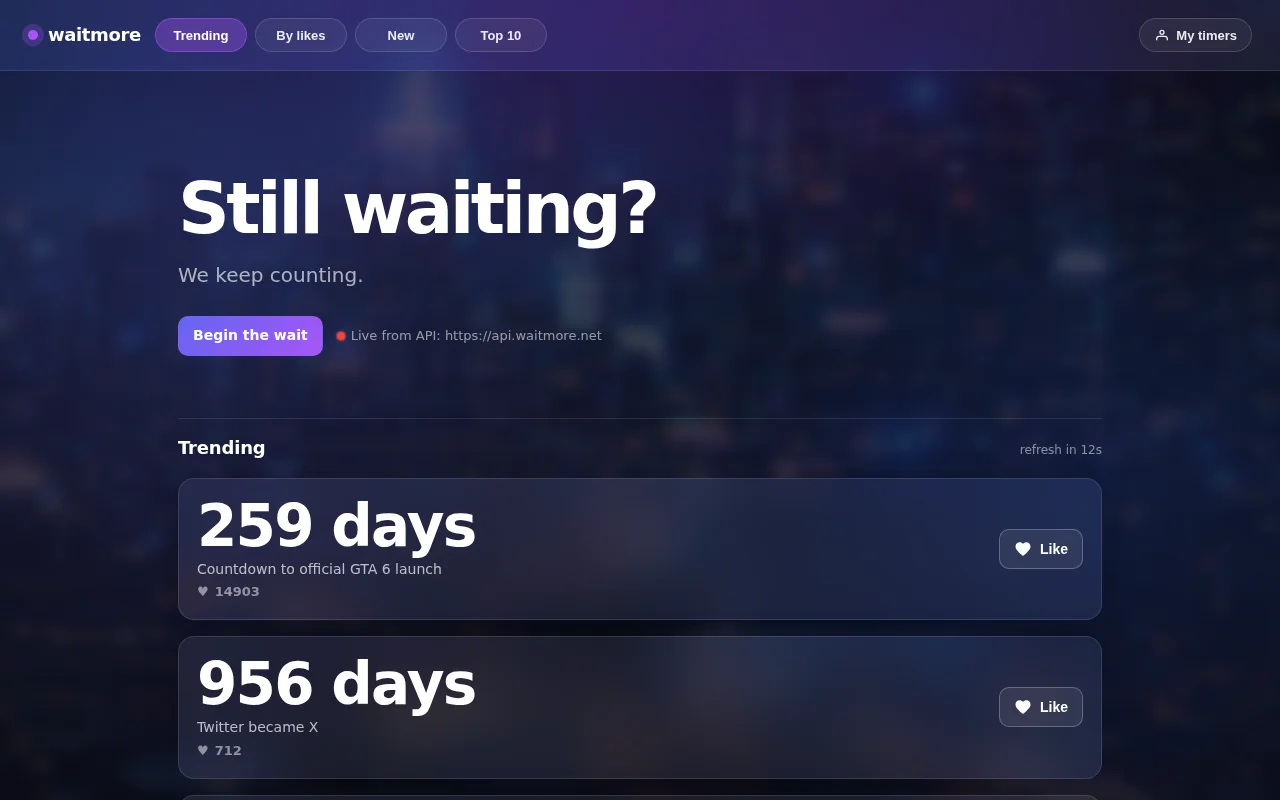 Waitmore – simple public timers anyone can create and share