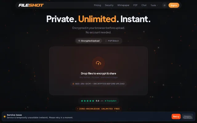 FileShot – zero-knowledge file sharing, 50GB/file free, no paywalls