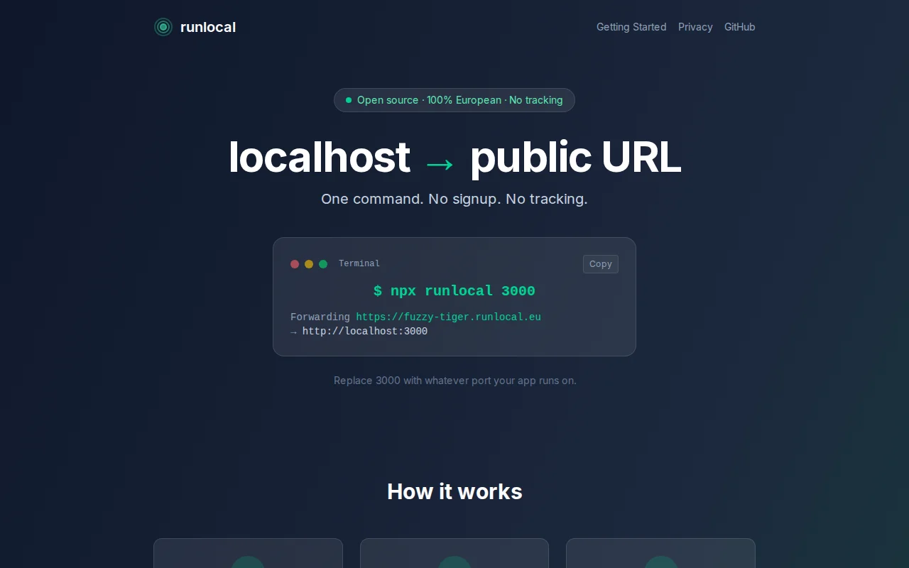 Runlocal – Open-source localhost tunnel, no signup, no tracking