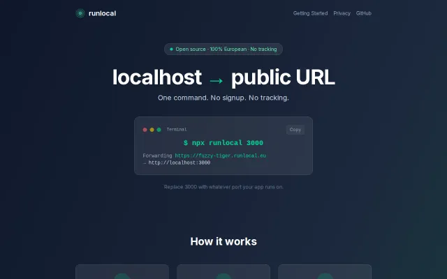 Runlocal – Open-source localhost tunnel, no signup, no tracking
