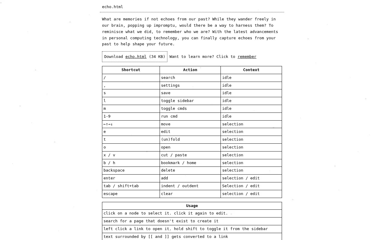 echo.html, between Feather Wiki and Roam with commands like Emacs