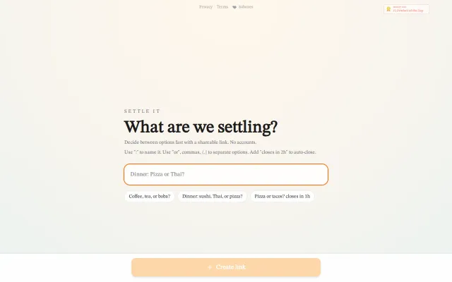 Settle It – turn "Pizza or Thai?" into a shareable poll