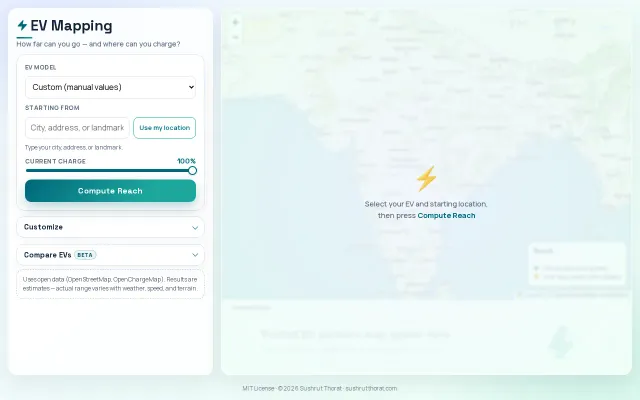 EV range calculator – range circles and charger map (700 models)
