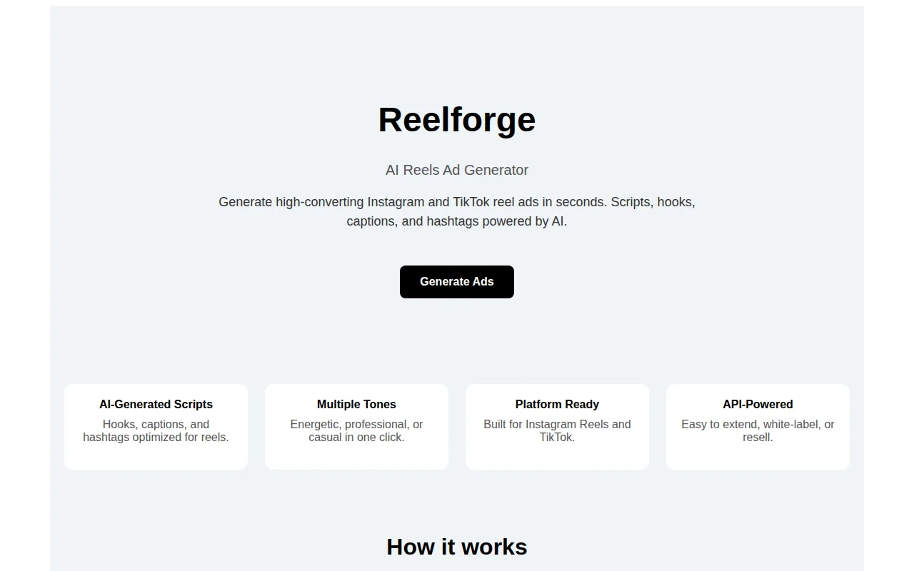 Reelforge – AI tool for generating TikTok and Reels ad scripts