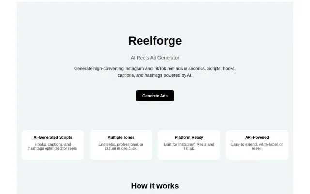 Reelforge – AI tool for generating TikTok and Reels ad scripts