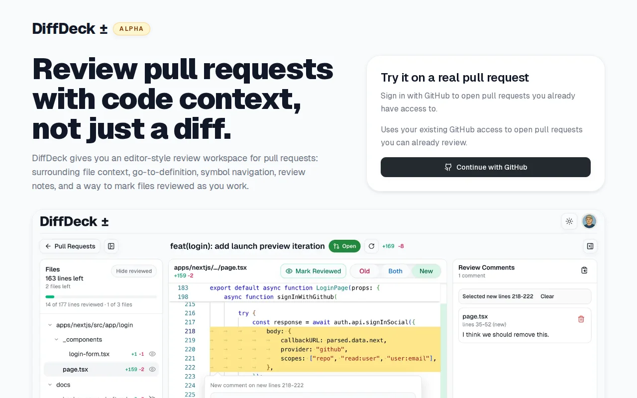 DiffDeck, a PR review tool with file context and code navigation