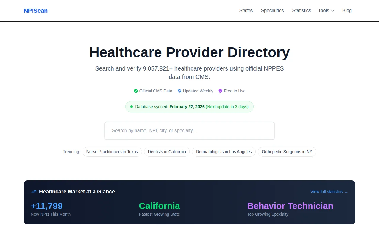 NPIScan search 9M U.S. healthcare providers from the NPI registry