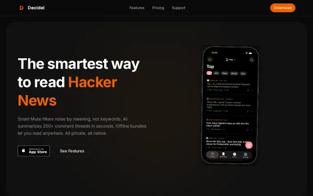 Decidel A Hacker News client for iOS with smart summaries and filtering