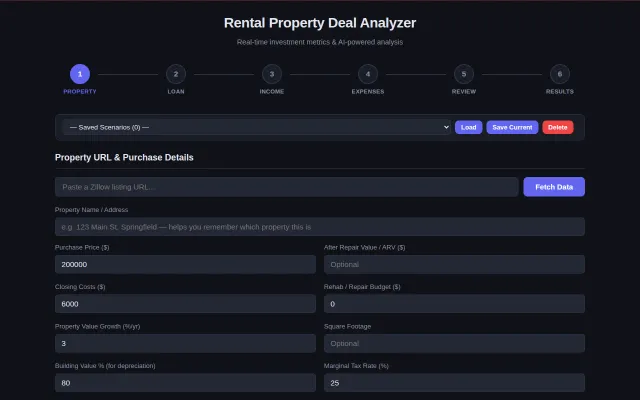 Rental Property Deal Analyzer – 20 metrics, deal scoring, AI analysis