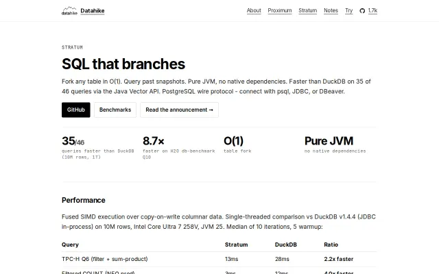 Stratum - a pure JVM columnar SQL engine using the Java Vector API