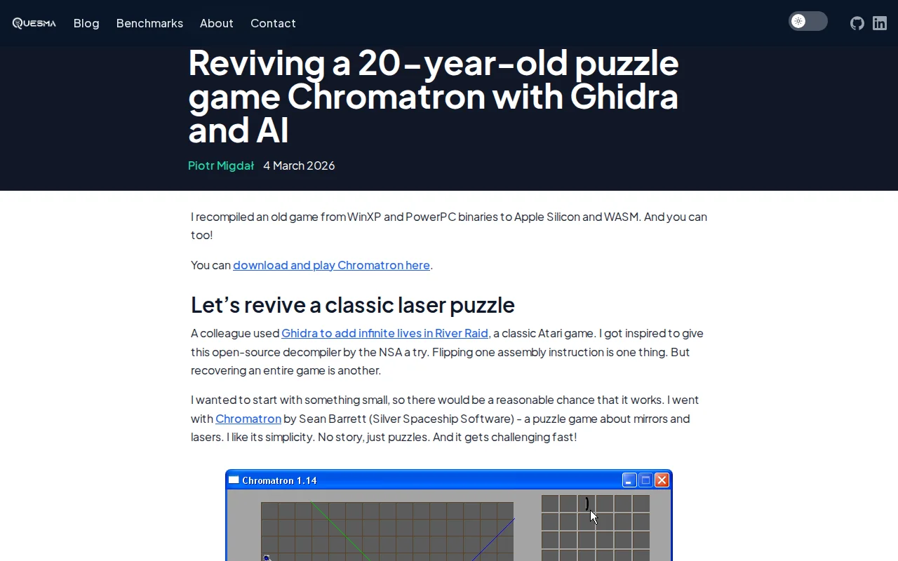 Reviving a 20-year-old puzzle game Chromatron with Ghidra and AI