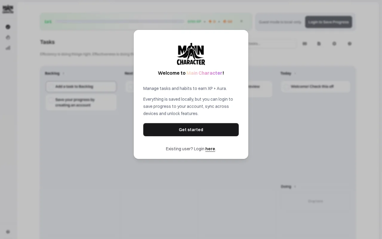 Main Character – A gamified productivity app (no login demo)