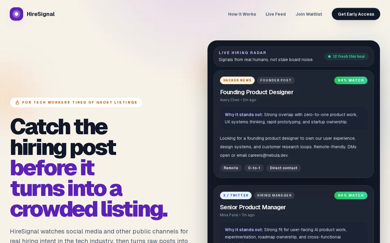 HireSignal – discover tech hiring signals from social posts (waitlist)
