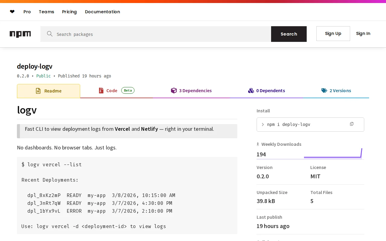 Deploy-logv – View Vercel and Netlify deployment logs from terminal