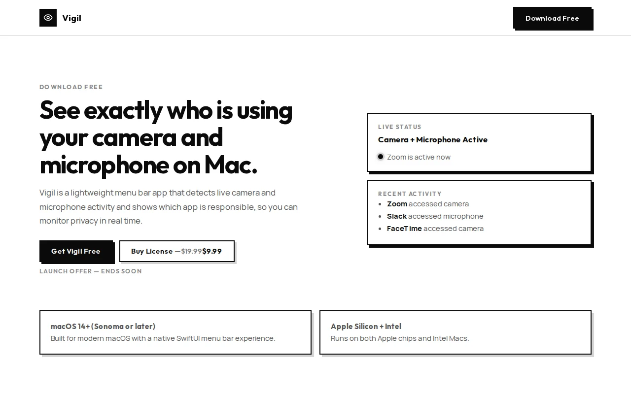 Vigil – see which apps use your Mac's camera or microphone