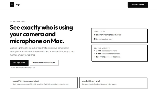 Vigil – see which apps use your Mac's camera or microphone