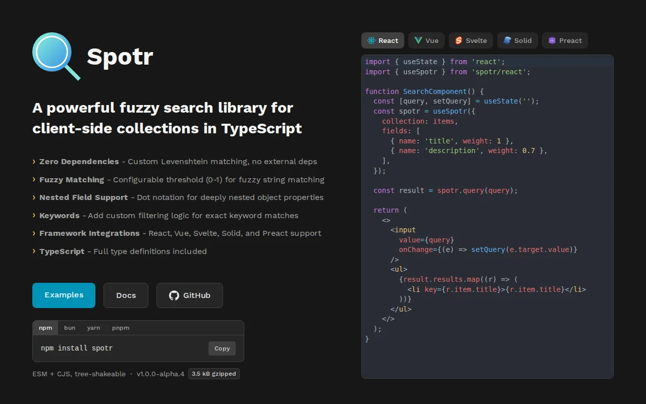 Spotr – Client-side fuzzy search for collections in TypeScript