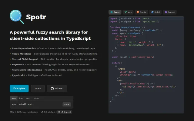Spotr – Client-side fuzzy search for collections in TypeScript