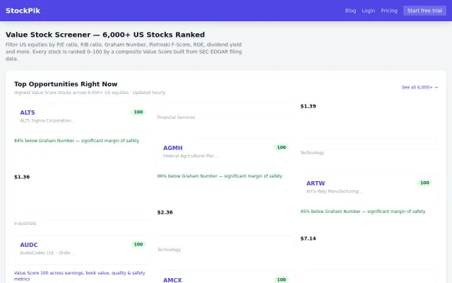 Value stock screener built around Graham Number and Piotroski F-Score