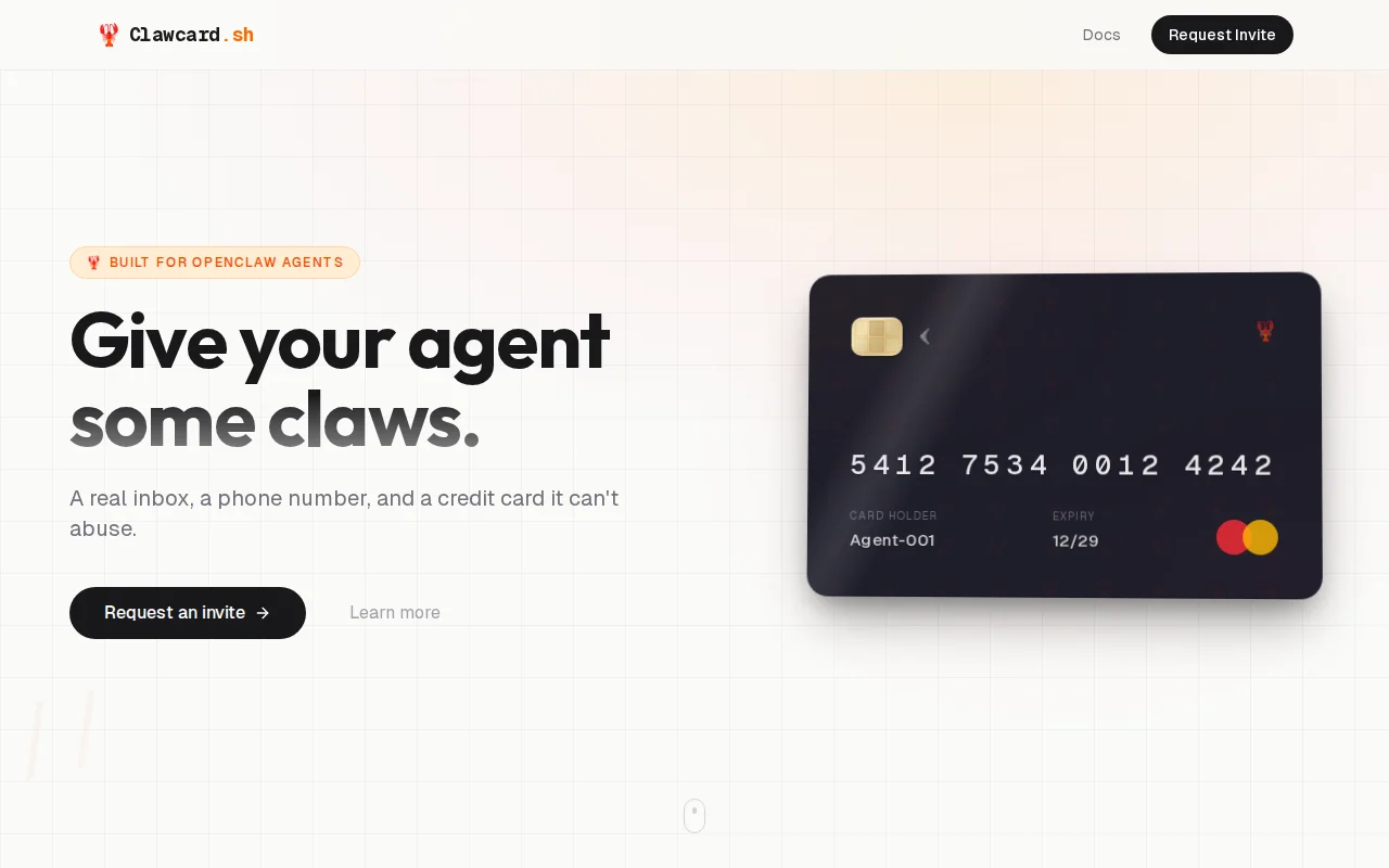 Clawcard – Agent inbox, phone number and credit card